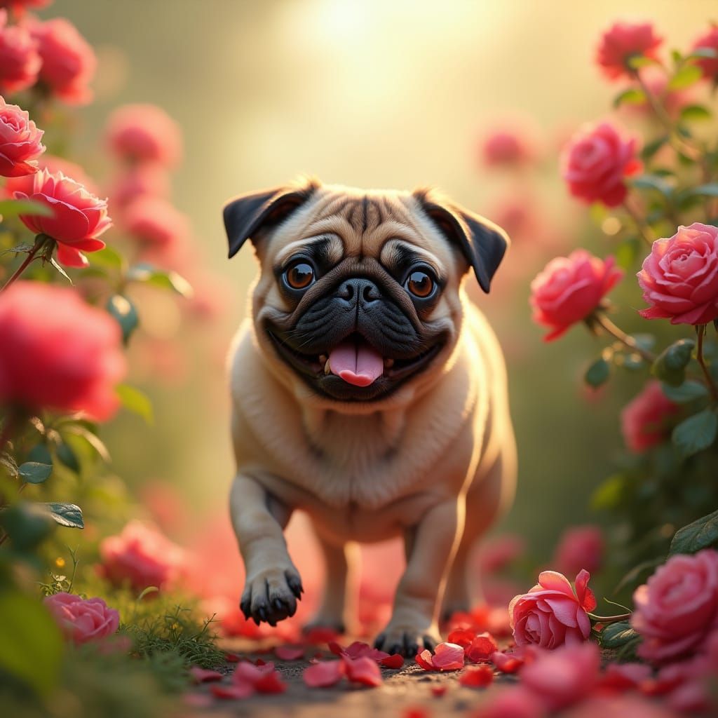 Photorealistic Pug Enjoys Rose Garden in Warm Sunlight
