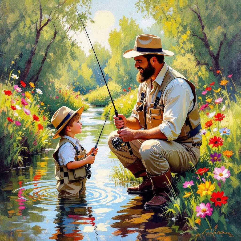 Father and Son Fishing: Impressionist Gouache Painting