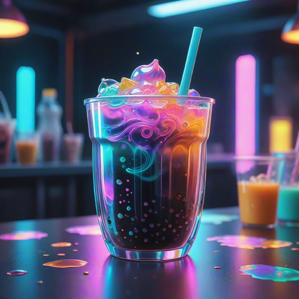 Vibrant Futuristic Boba Tea in Holographic Art