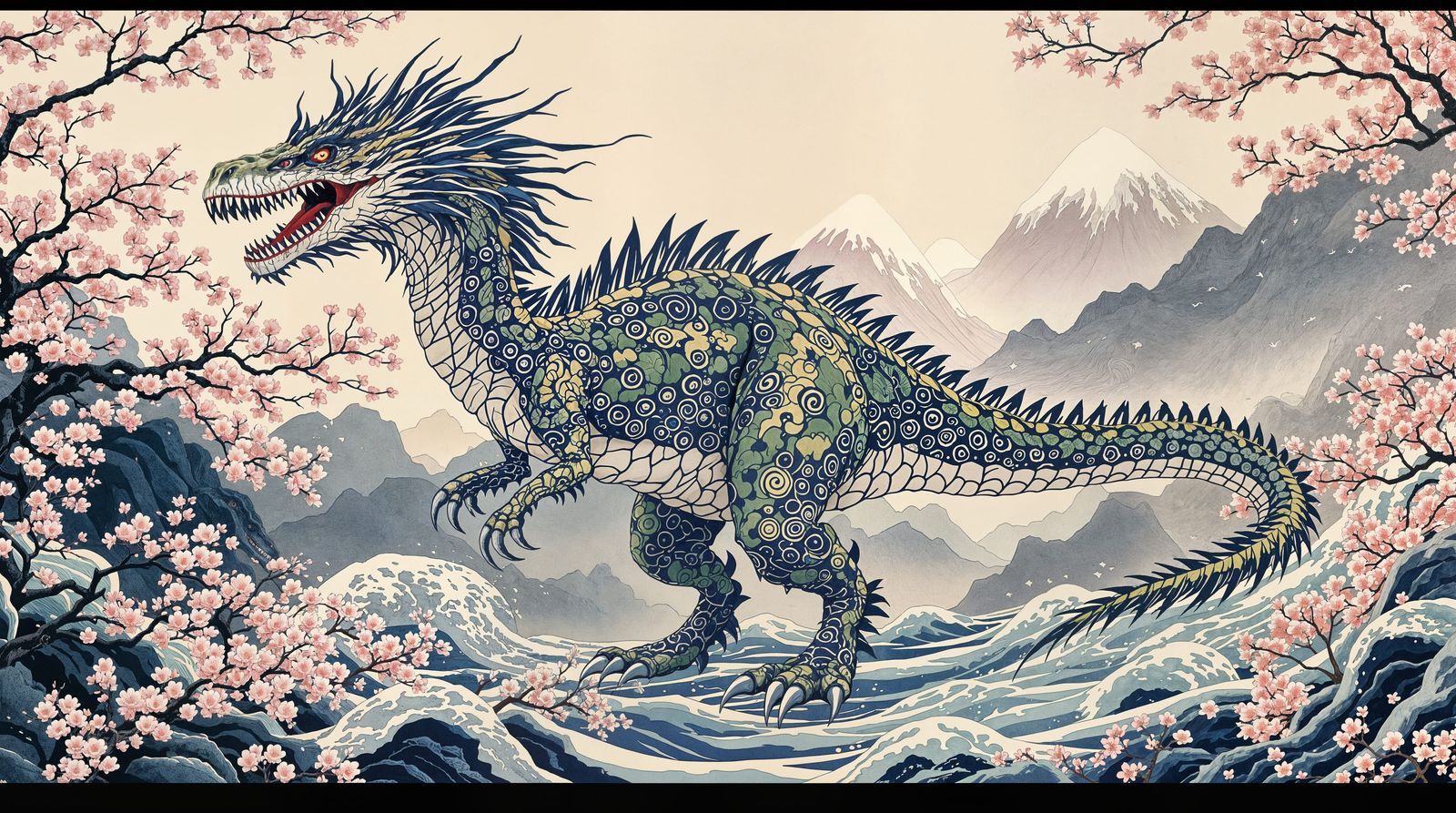 Japanese Ukiyoe Art of a Dinosaur in Traditional Style
