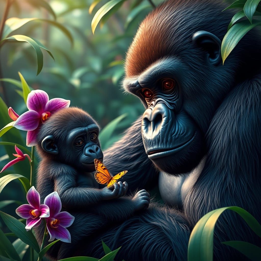 Gorilla Family in Rainforest Clearing: 3D Render