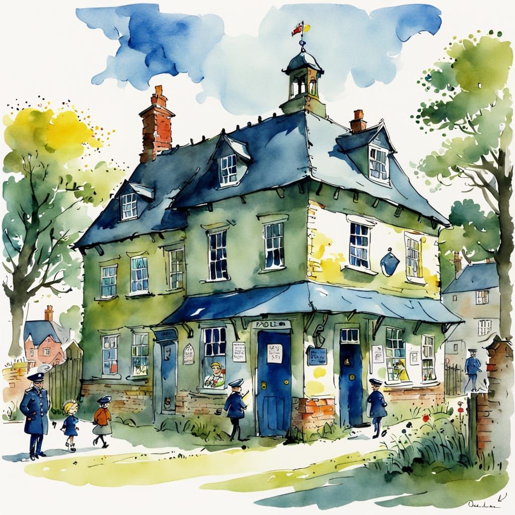 Quentin Blake-Inspired Watercolour Police Station Scene