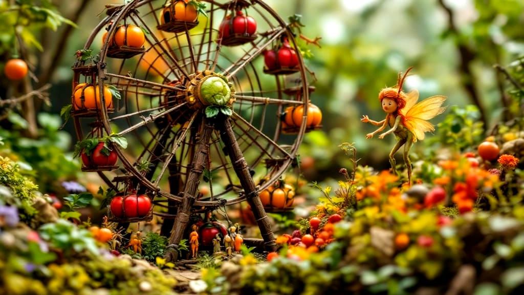 Whimsical Still Life of Vegetable People Riding a Wood Ferri...
