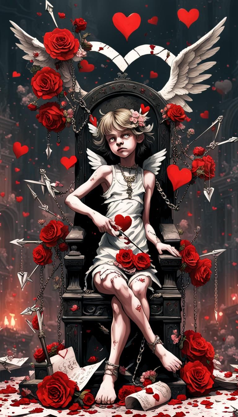 February - The Cupid Tyrant:

A corrupted cherub with a cruel smirk, perched atop a broken heart-shaped throne. They wie...