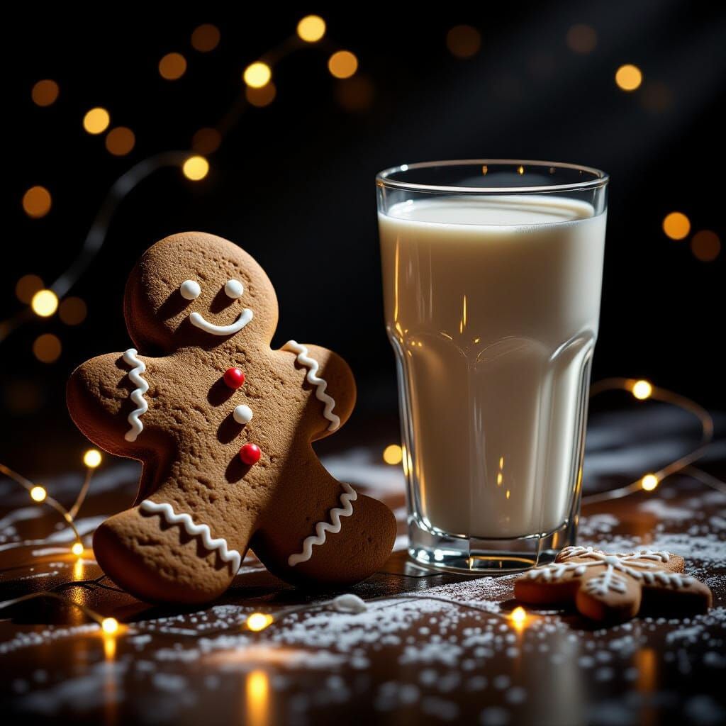 Giant Gingerbread Cookie with Milk and Fairy Lights