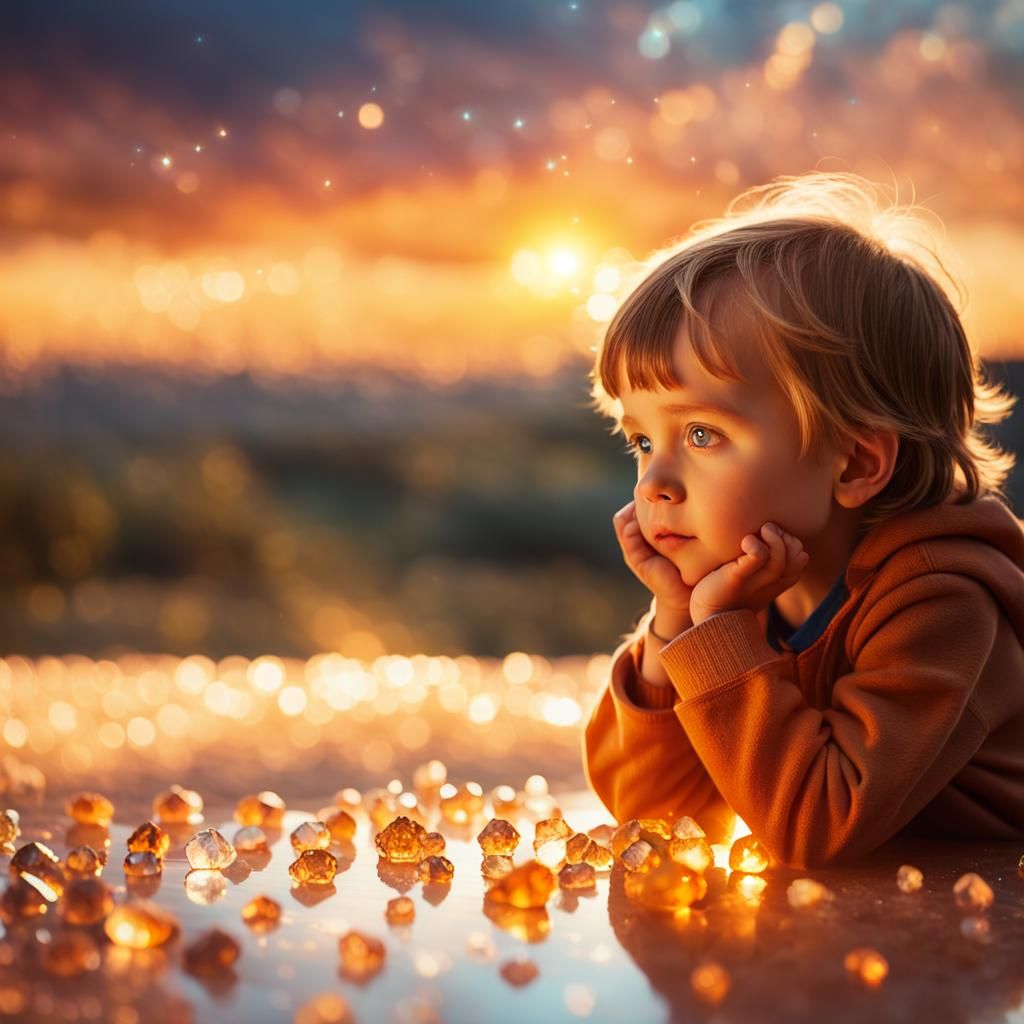 Child Gazing at Sunset Sky on Crystal Floor