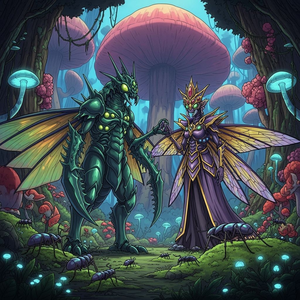 Kaiju Plasectile Royalty in Bioluminescent Manga Forest
