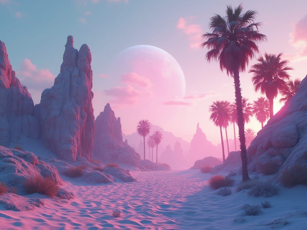 Glitching Oasis in a Futuristic Desert