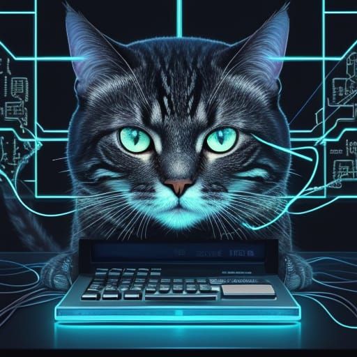 Surreal Cat With Calculator Body Sits On Desk