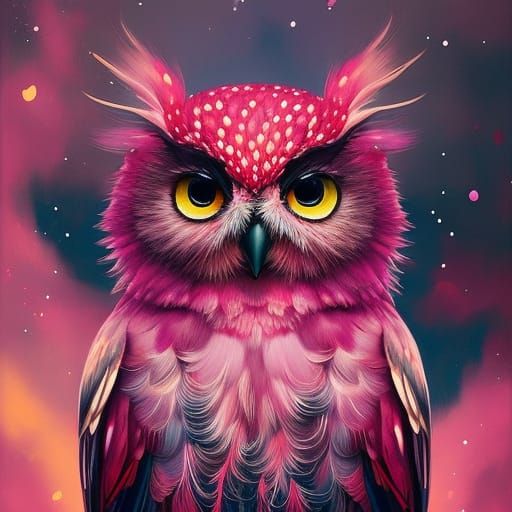 Cute Pink Winter Owl Portrait in Liquid Ink Style
