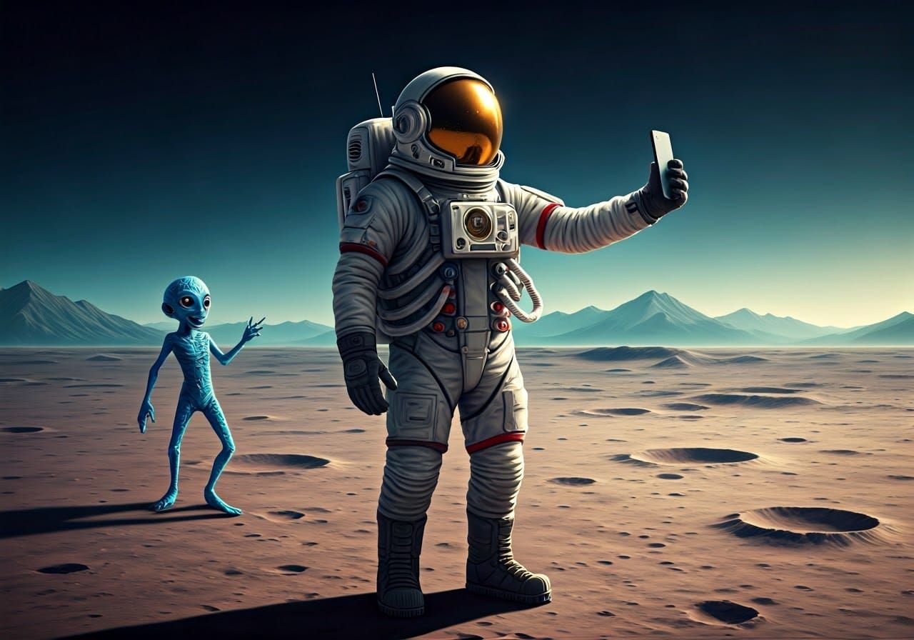 Astronaut Selfie Interrupted by Moonwalking Alien