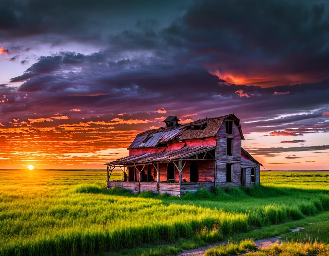 Prairie Sunset Over Abandoned Farm in 8K