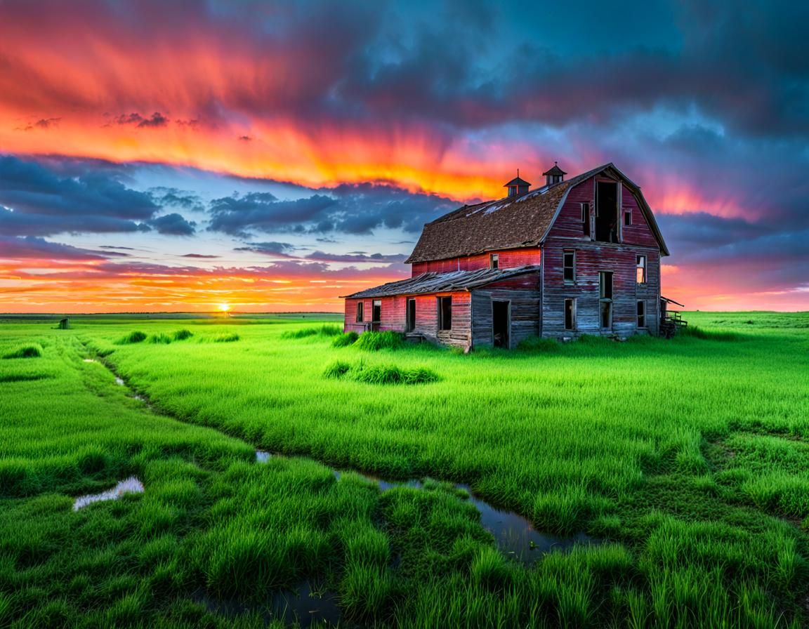 Prairie Sunset Over Abandoned Farm: 8K Photography