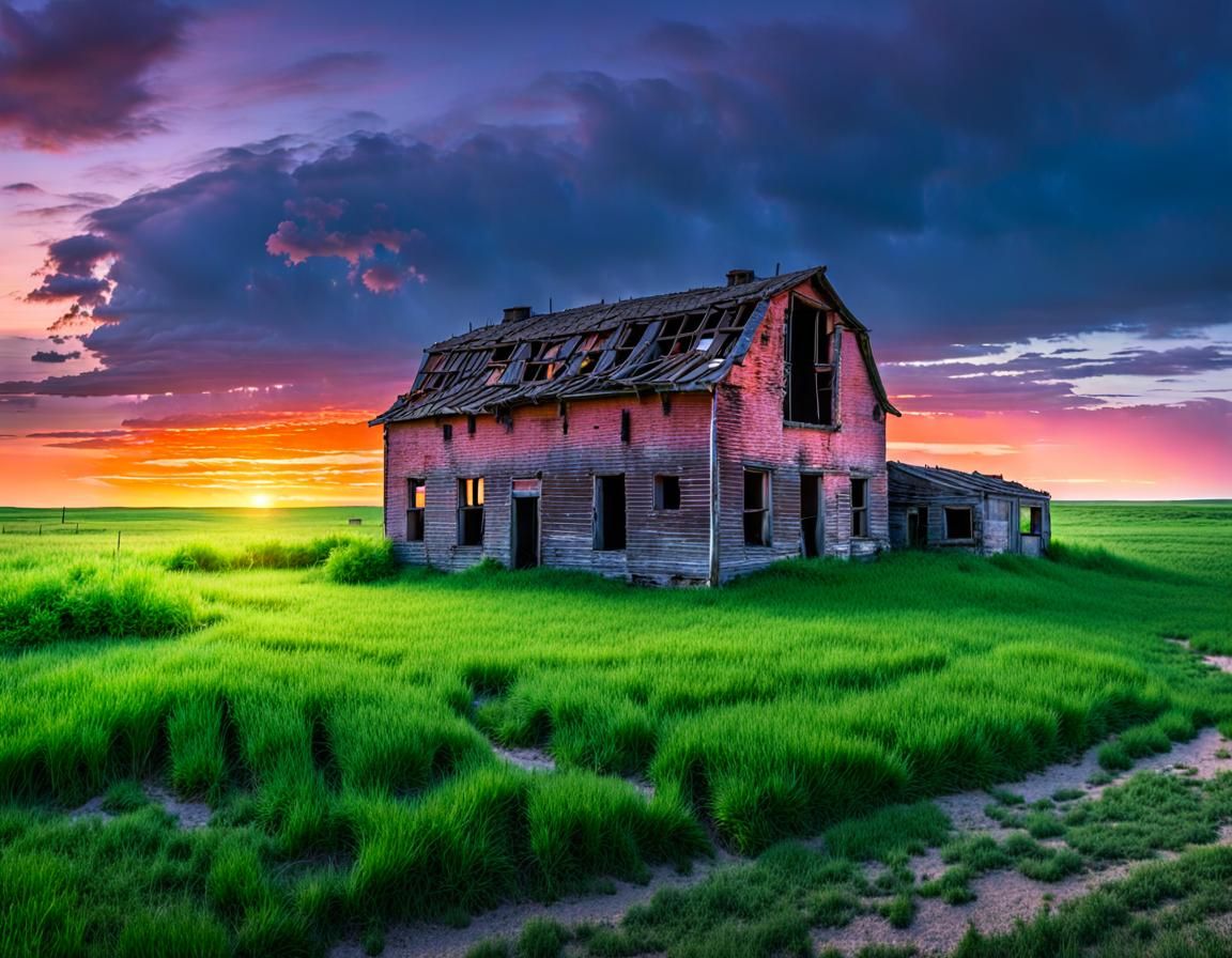 Prairie Sunset Over Old Farm in 8k