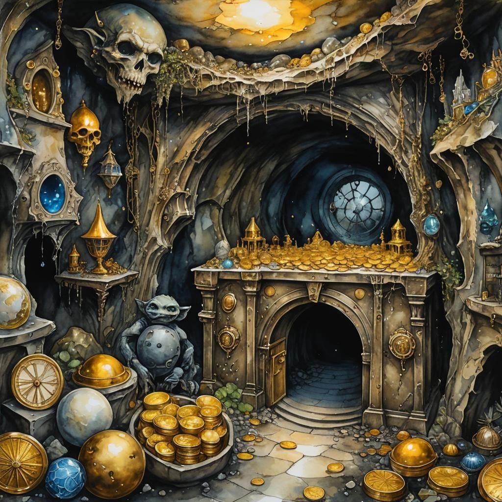 Gringotts Vault Overflowing with Treasure: Watercolor Art