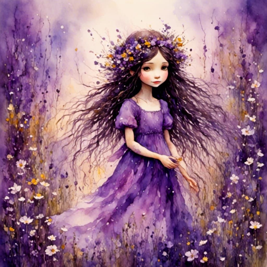 Impressionistic Girl in Purple Dress in Floral Meadow