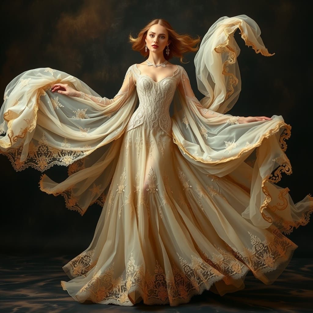 Ethereal Woman in Flowing Gown: Art Nouveau Style