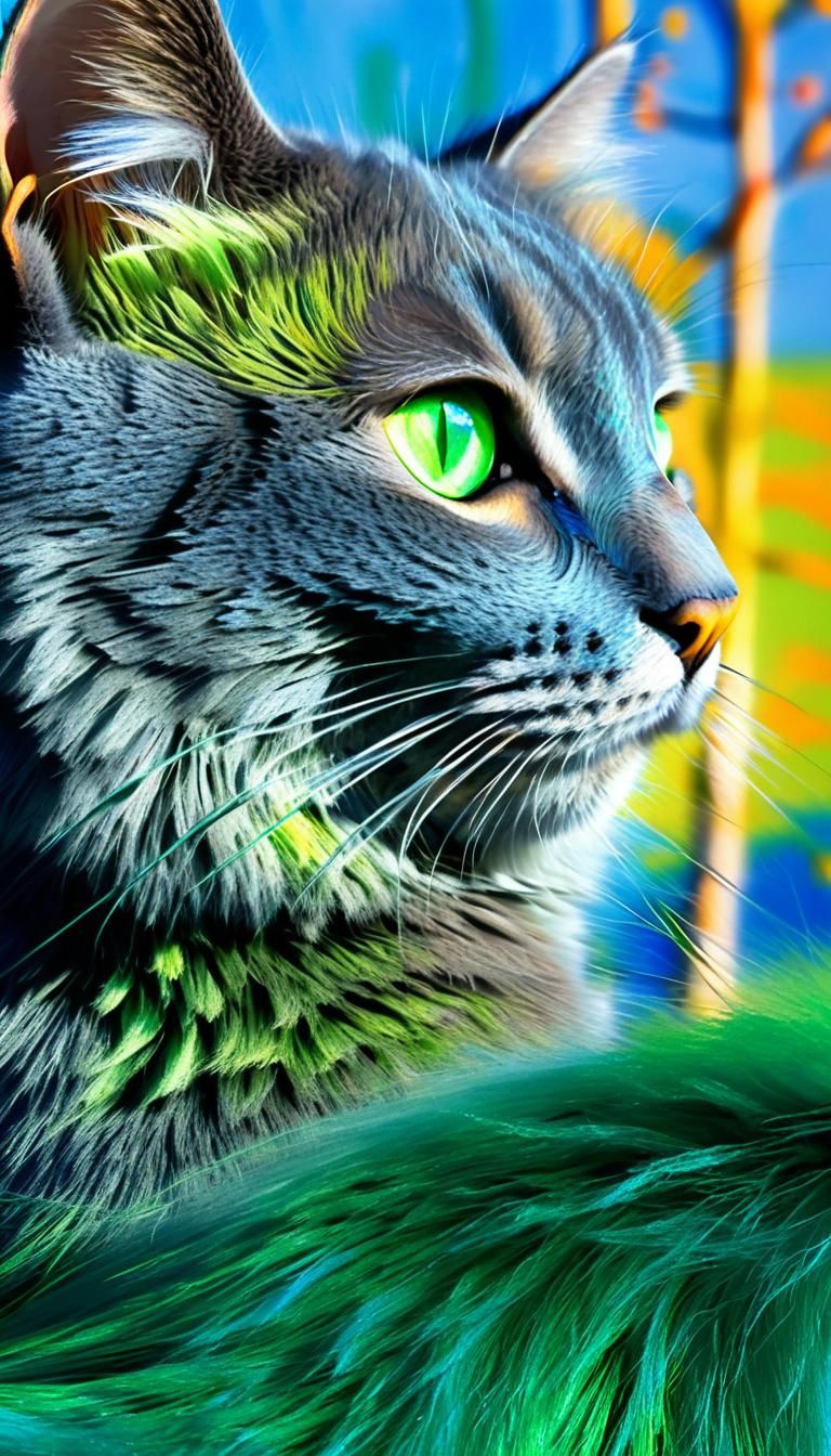 Fauvist Portrait of a Grey-Blue Cat with Green Eyes