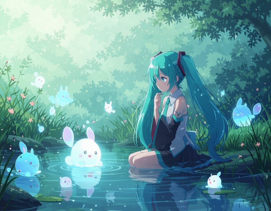 Hatsune Miku Pond Reflection with Mystical Creatures