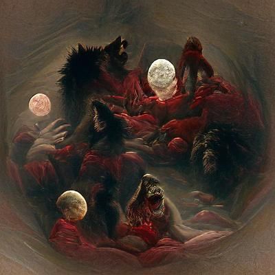Blood Moon Surrounded by Werewolves in Horror Art