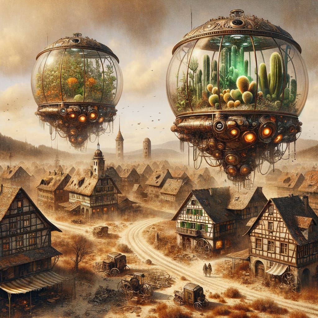 Steampunk Pods Over Ruined Landscape and Bavarian Hamlet
