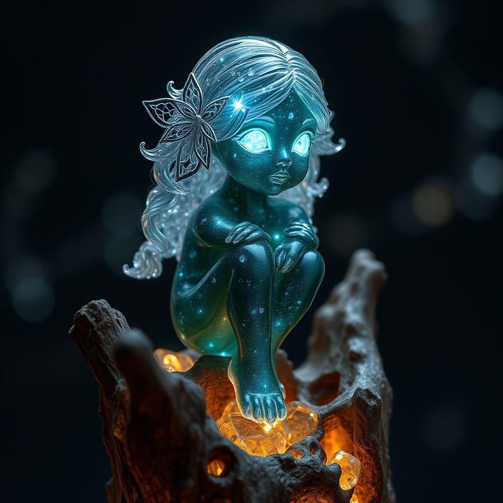 Bioluminescent Crystal Girl Sculpture on Tree Stump