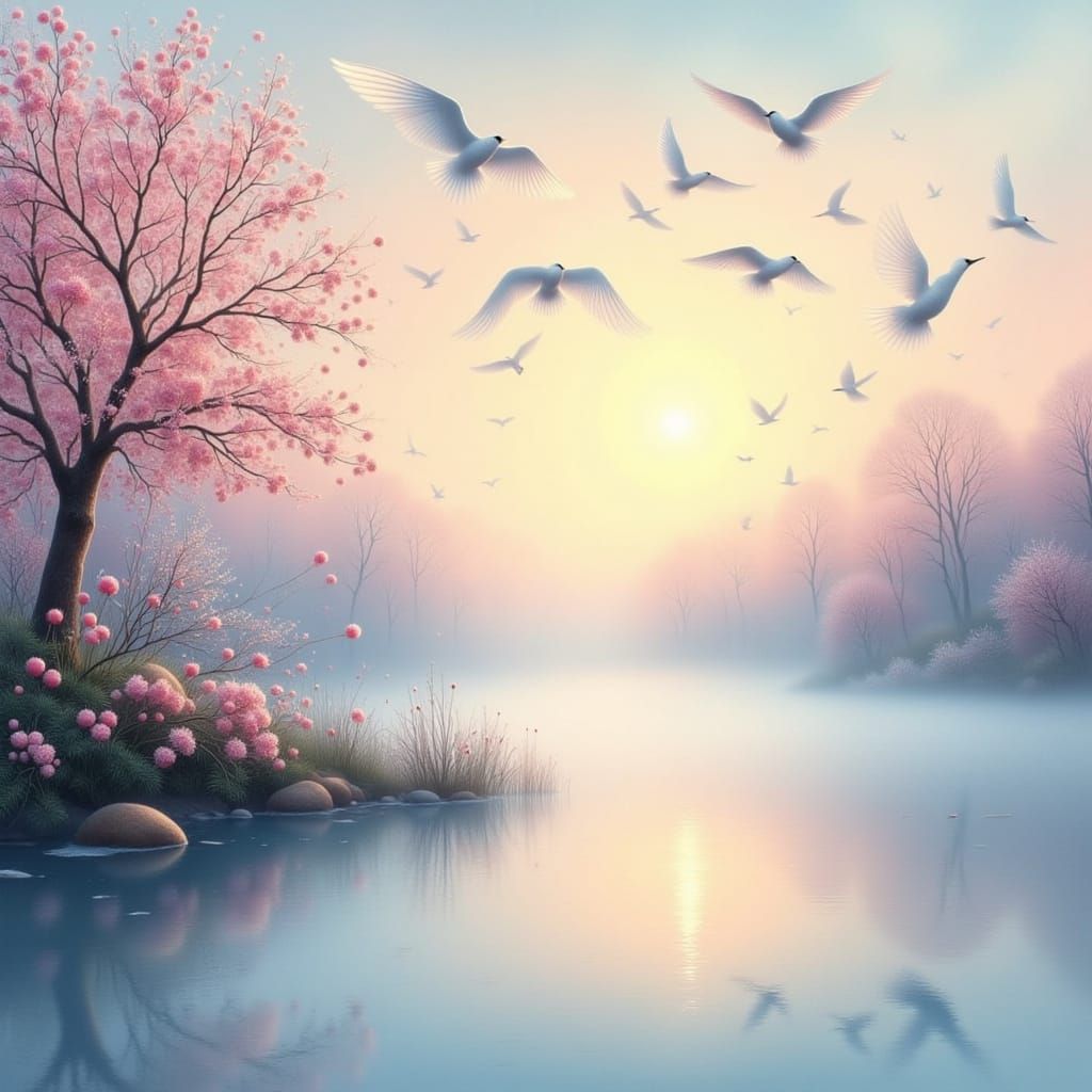 Dynamic Flock of Birds Over Calm Morning Lake at Sunrise