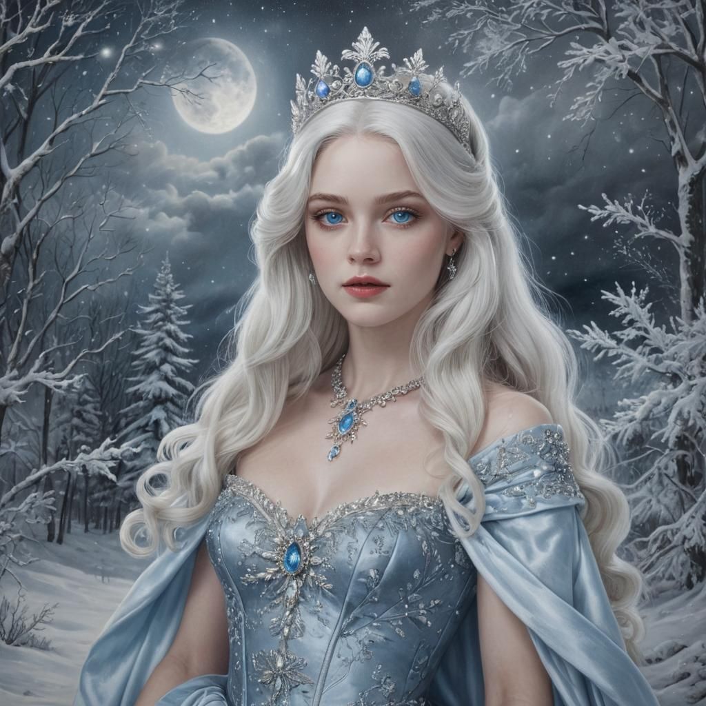 Celestial Snow Queen in Opulent Winter Landscape