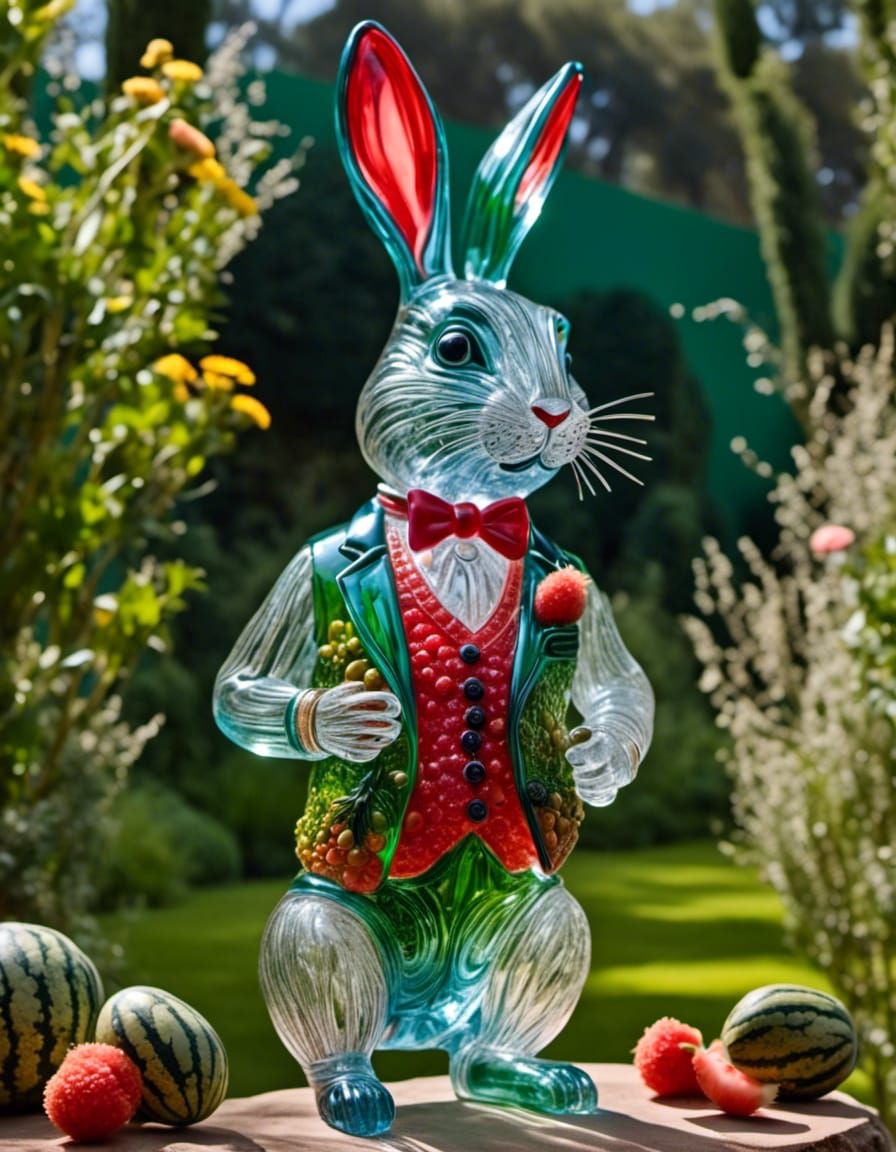Glass Rabbit Sculpture Eating Watermelon