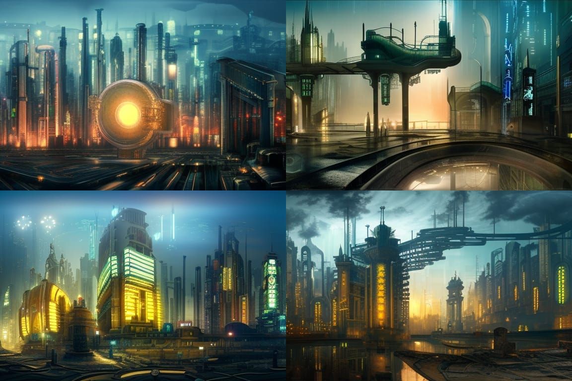 Dystopian City Panorama: Cyberpunk Art Nouveau Architecture