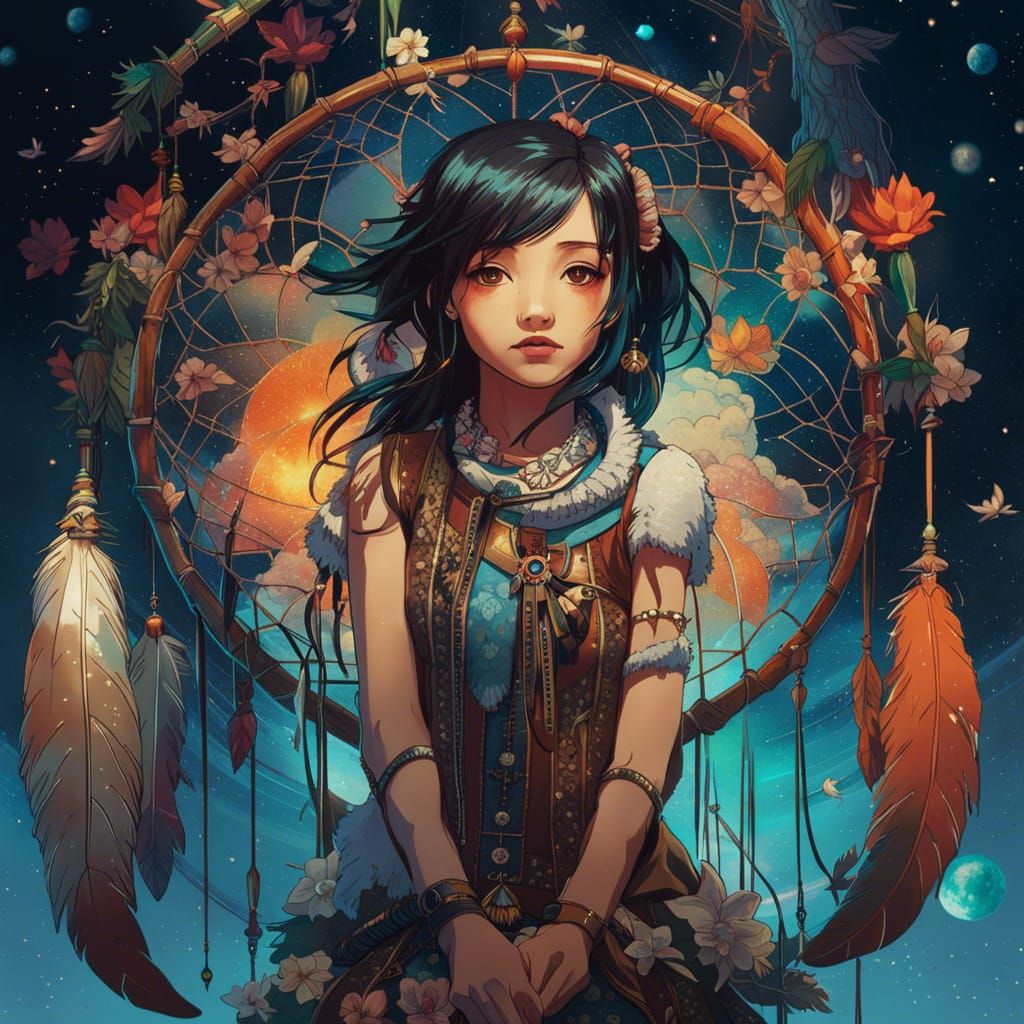 Anime Girl with Dreamcatcher in Space, Digital Art