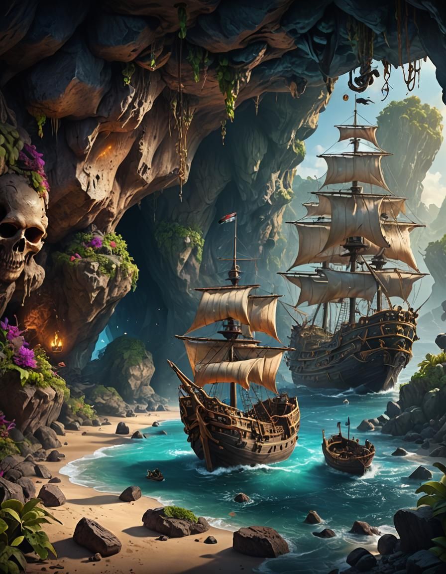 Pirate Treasure Cave with Ship, Realistic Painting