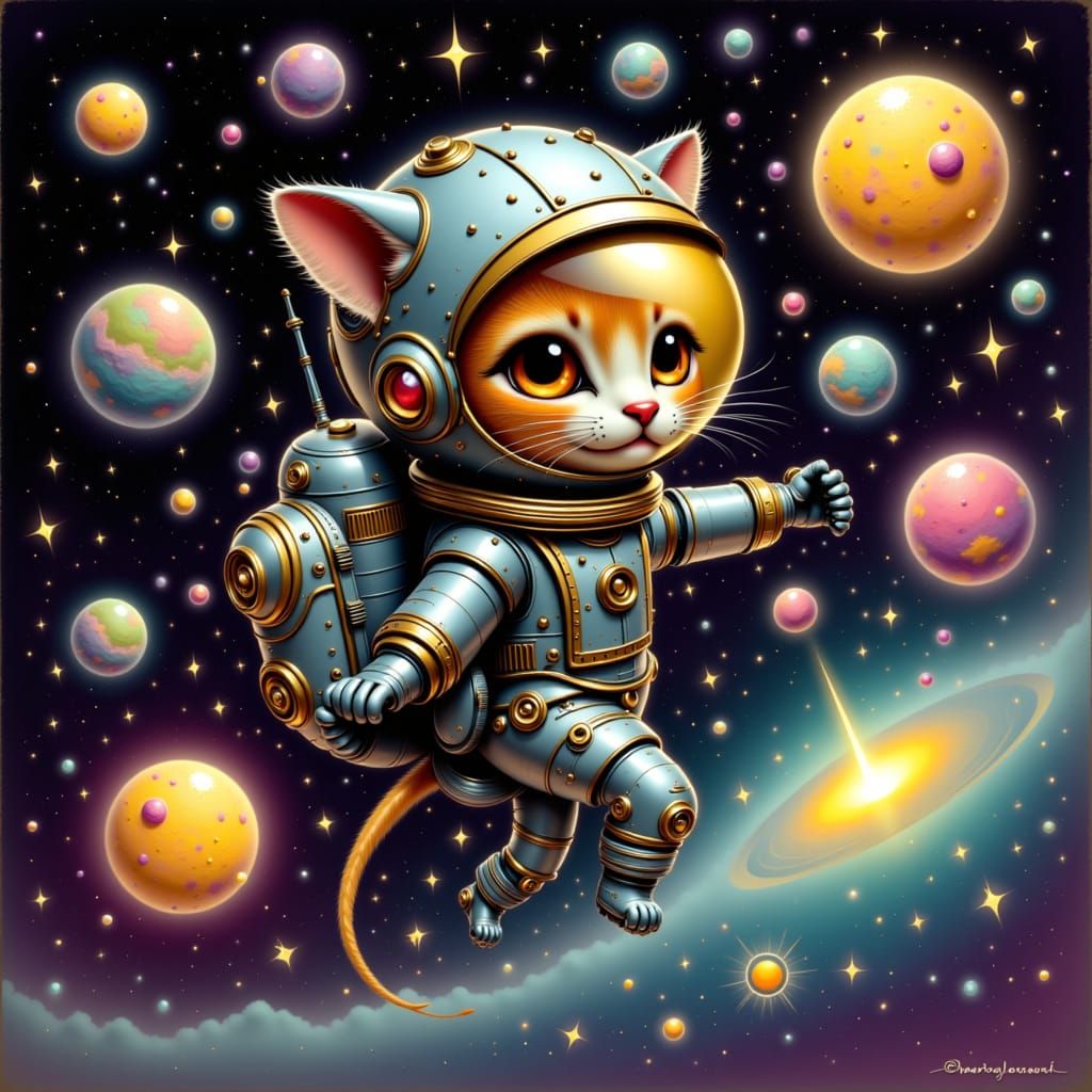 Cat in Spacesuit Among Stars, Futuristic Art