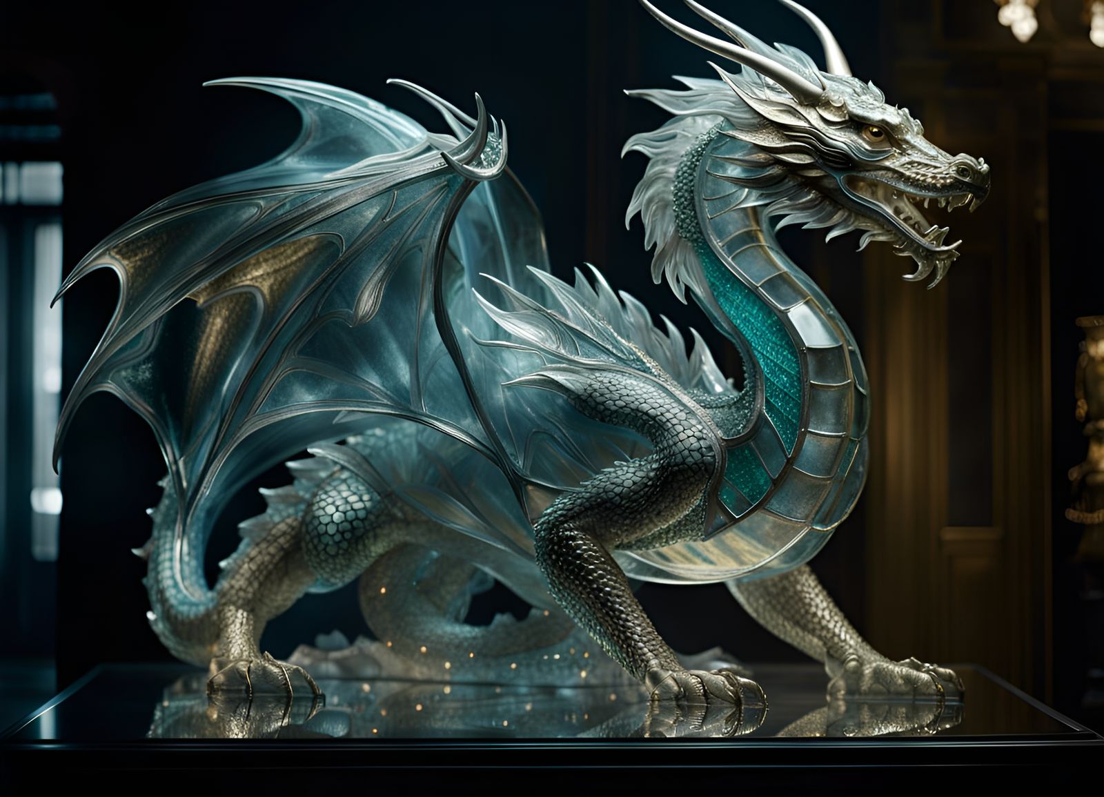 Glass Dragon Statue in Hyperrealistic Mixed-Media Photograph...