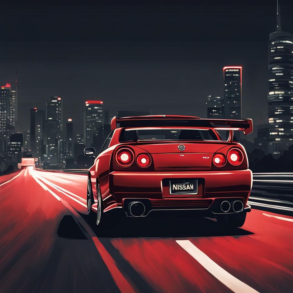 Red Nissan Skyline GT-R R34 Art Deco
