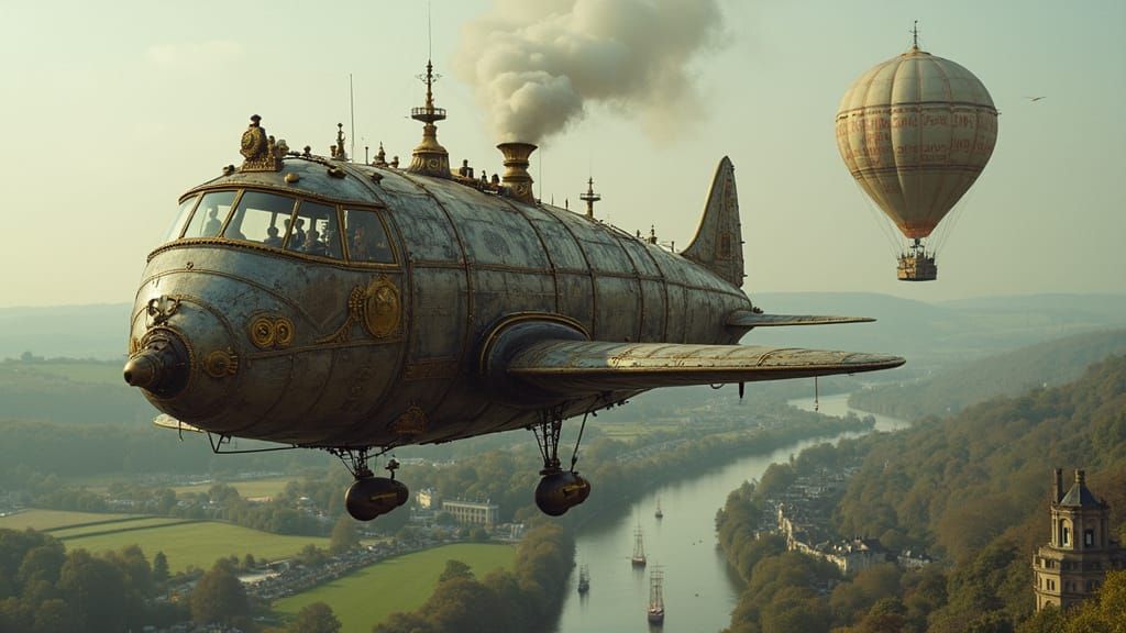 Steampunk Dog Aircraft Over English Countryside