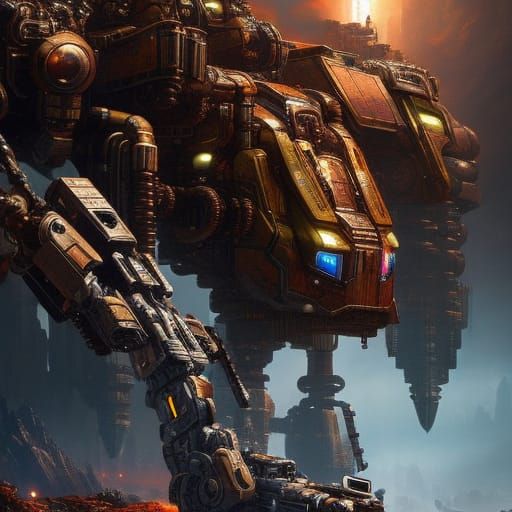 Cyborg Beast Charges Through Wasteland in Gritty Watercolor