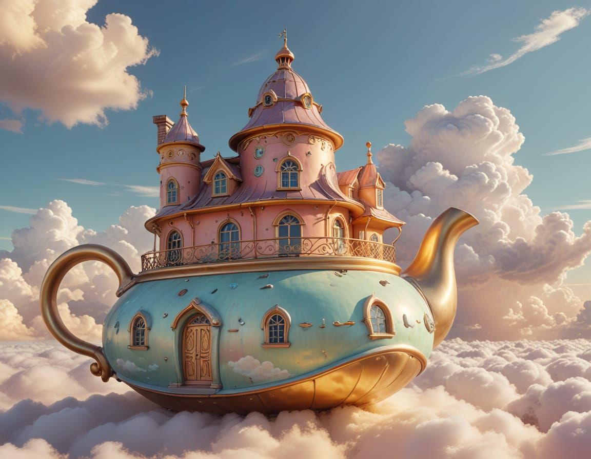 Dadaist Teapot Shoe Building in Pastel Sky