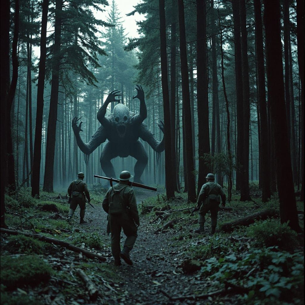 Monstrous Attack on Soldiers in Forest Cinematic Film Still