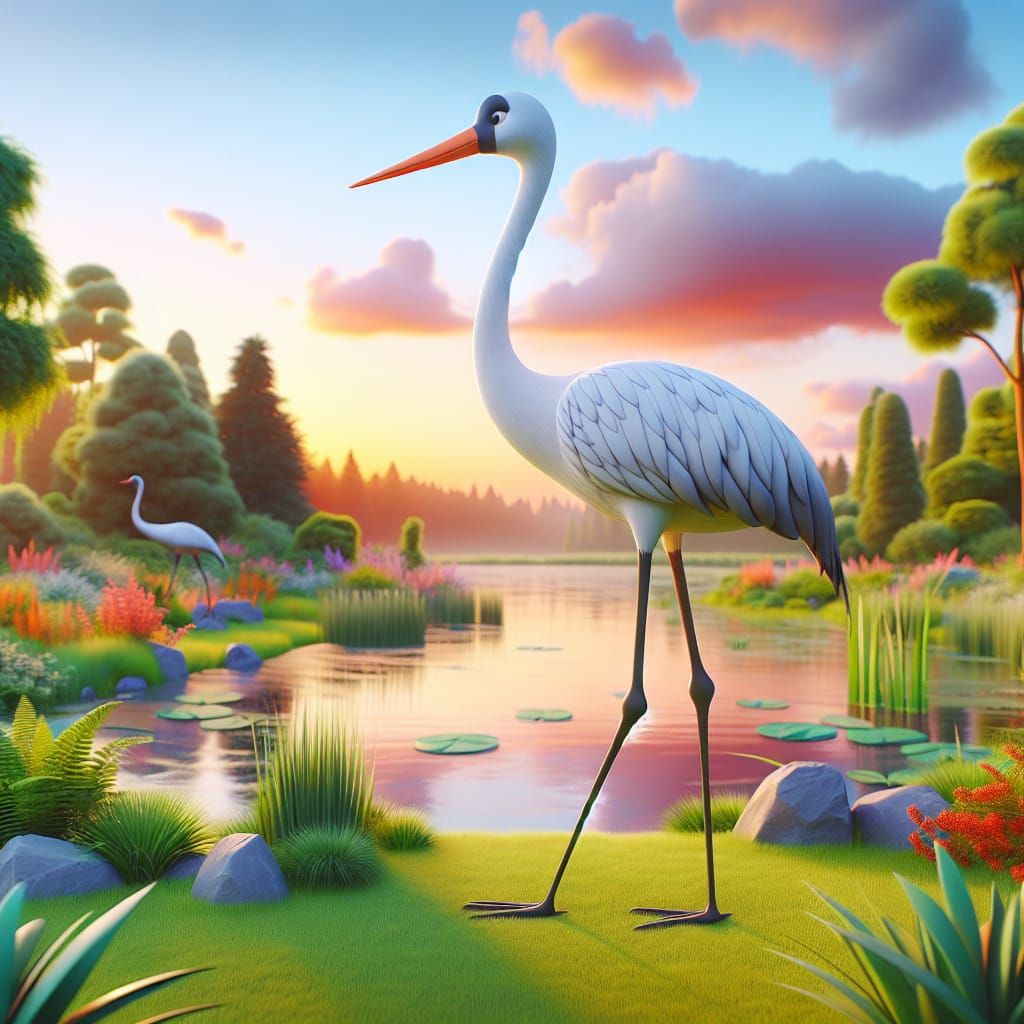 Disney Pixar style 3D crane in a beautiful background. The crane is elegant with long legs and a slender neck, standing ...