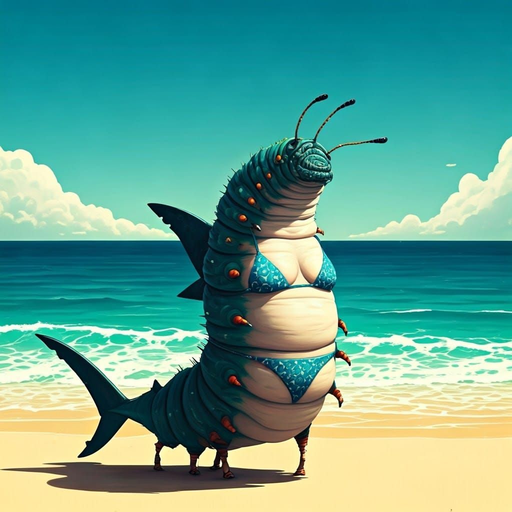 Whimsical Beach Illustration of a Shark Caterpillar in a Reb...