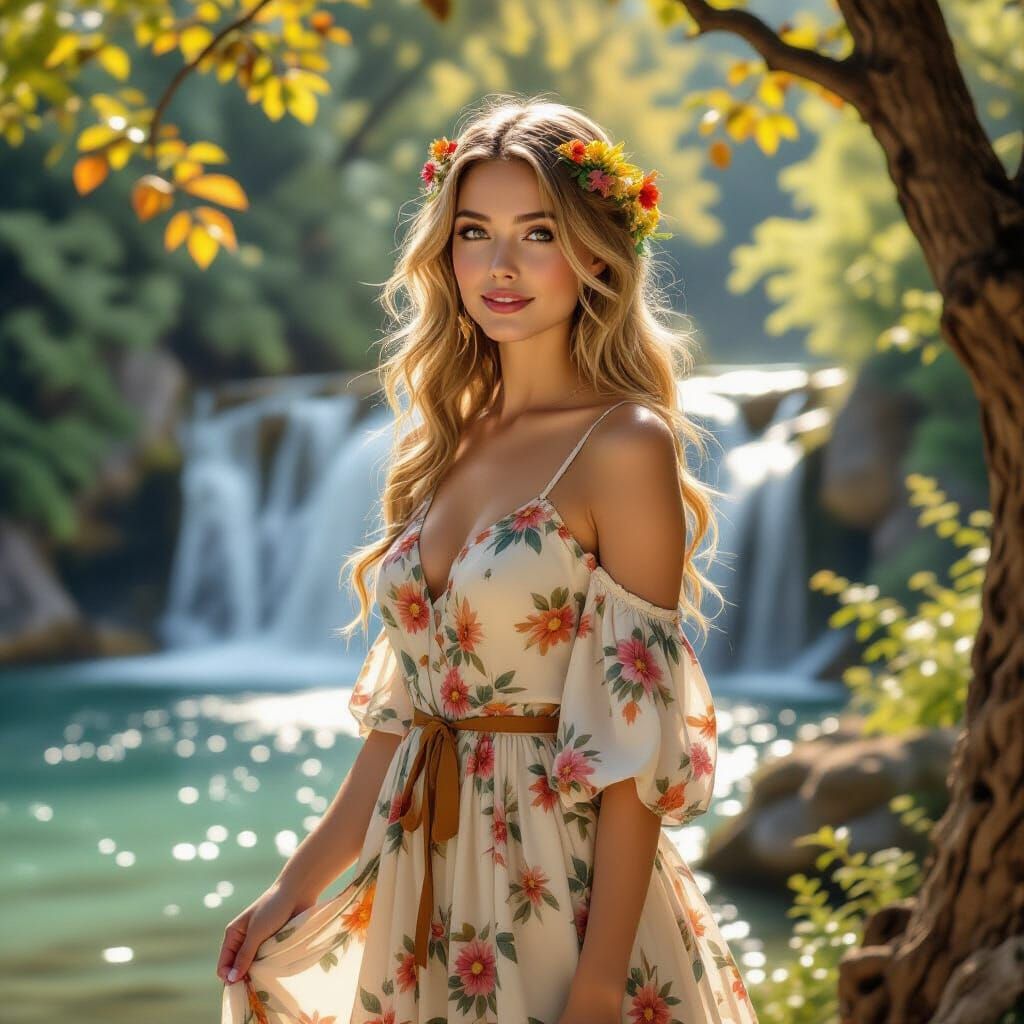 Woman with Flowers by Waterfall, Art Nouveau Style