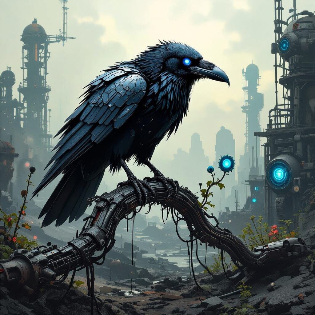 Biomechanical Raven in Industrial Wasteland