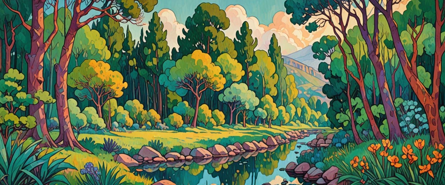 Naive Folk Art Landscape with Prehistoric Forest