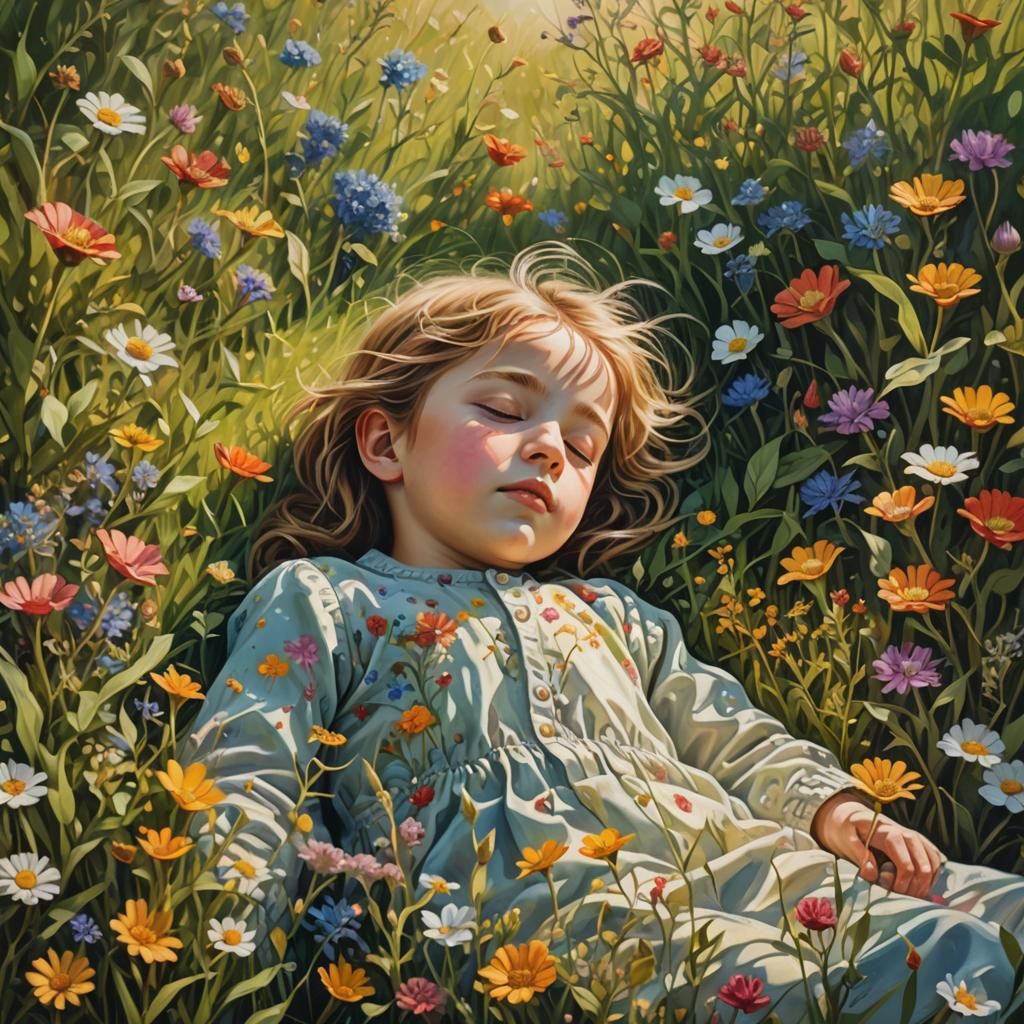 Dreamlike Surrealist Child in Wildflower Meadow
