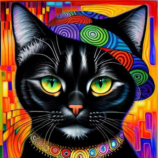 Black Cat with Red Hat in Klimt-Inspired Style