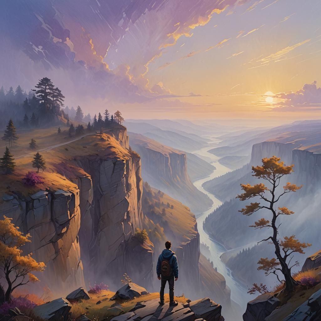 Misty Landscape Oil Painting of Person on Cliff