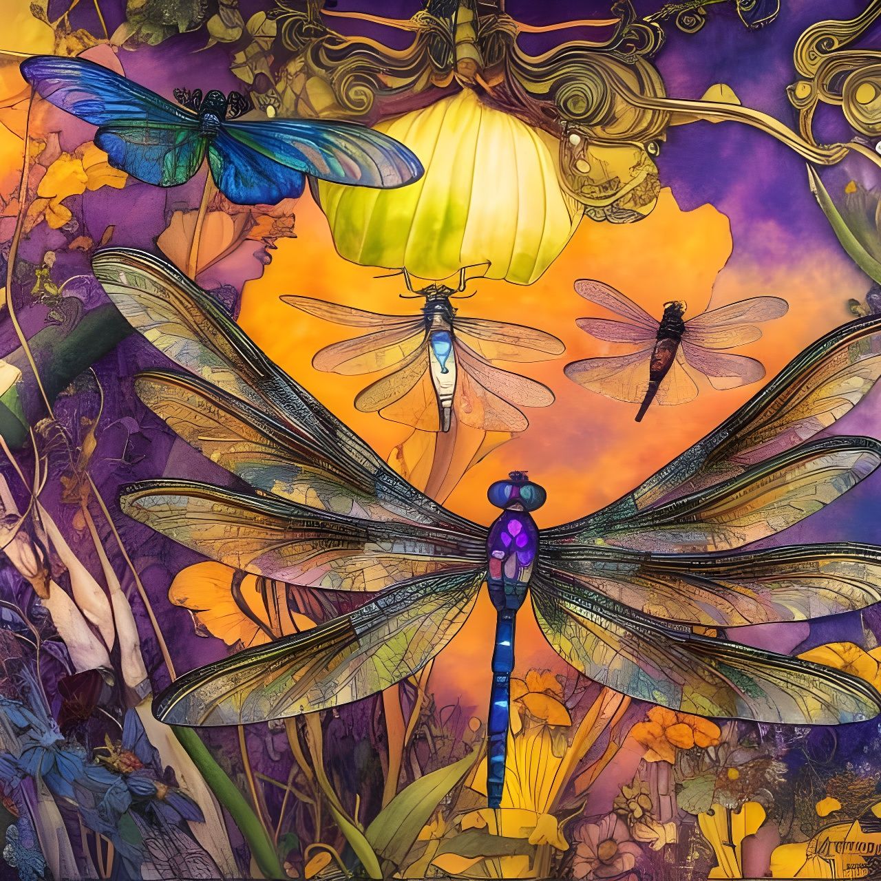 Detailed Dragonfly Watercolor Illustration in Sunlight