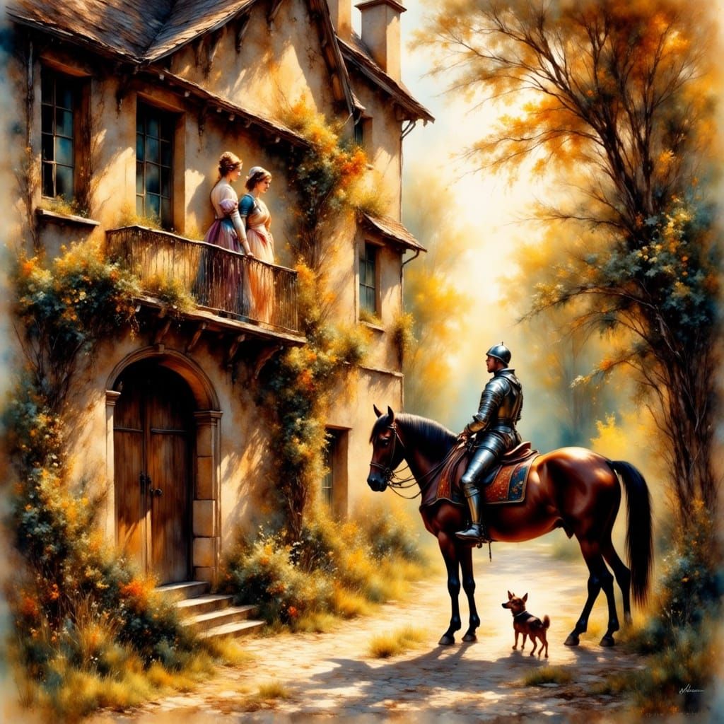 Elegant Woman and Knight at Sunset