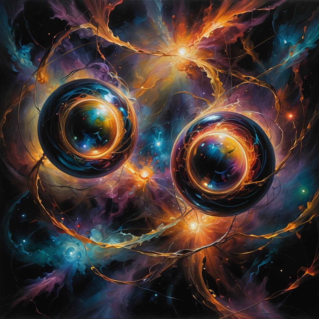 Glowing Orbs Connected in Surreal Oil Painting